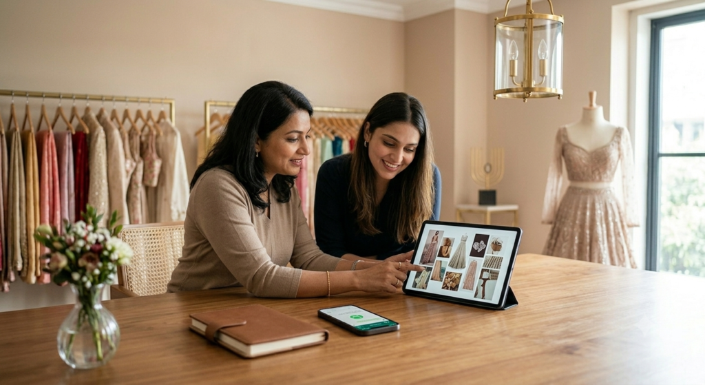 Female dress designer in Abu Dhabi discussing outfit concepts with a client